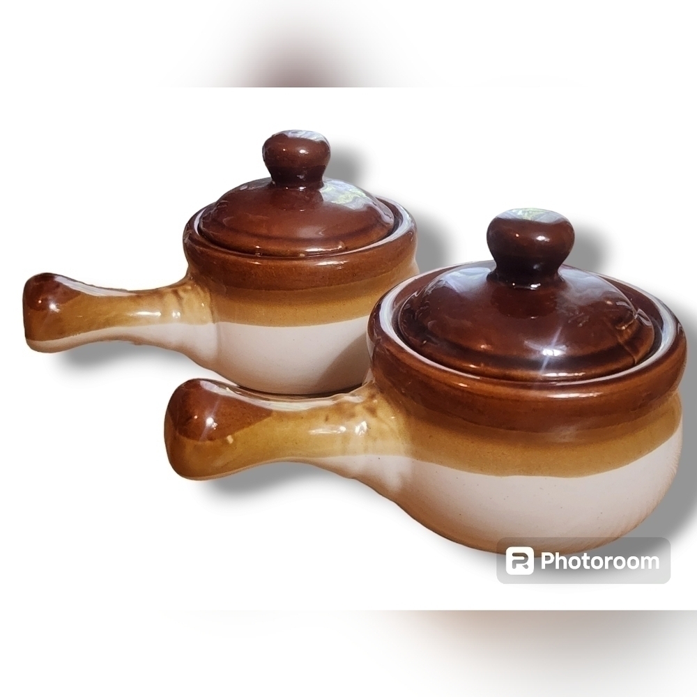 Vintage Brown Drip Stoneware Mini Crock W/ Lid & Handle Set of Two Soup